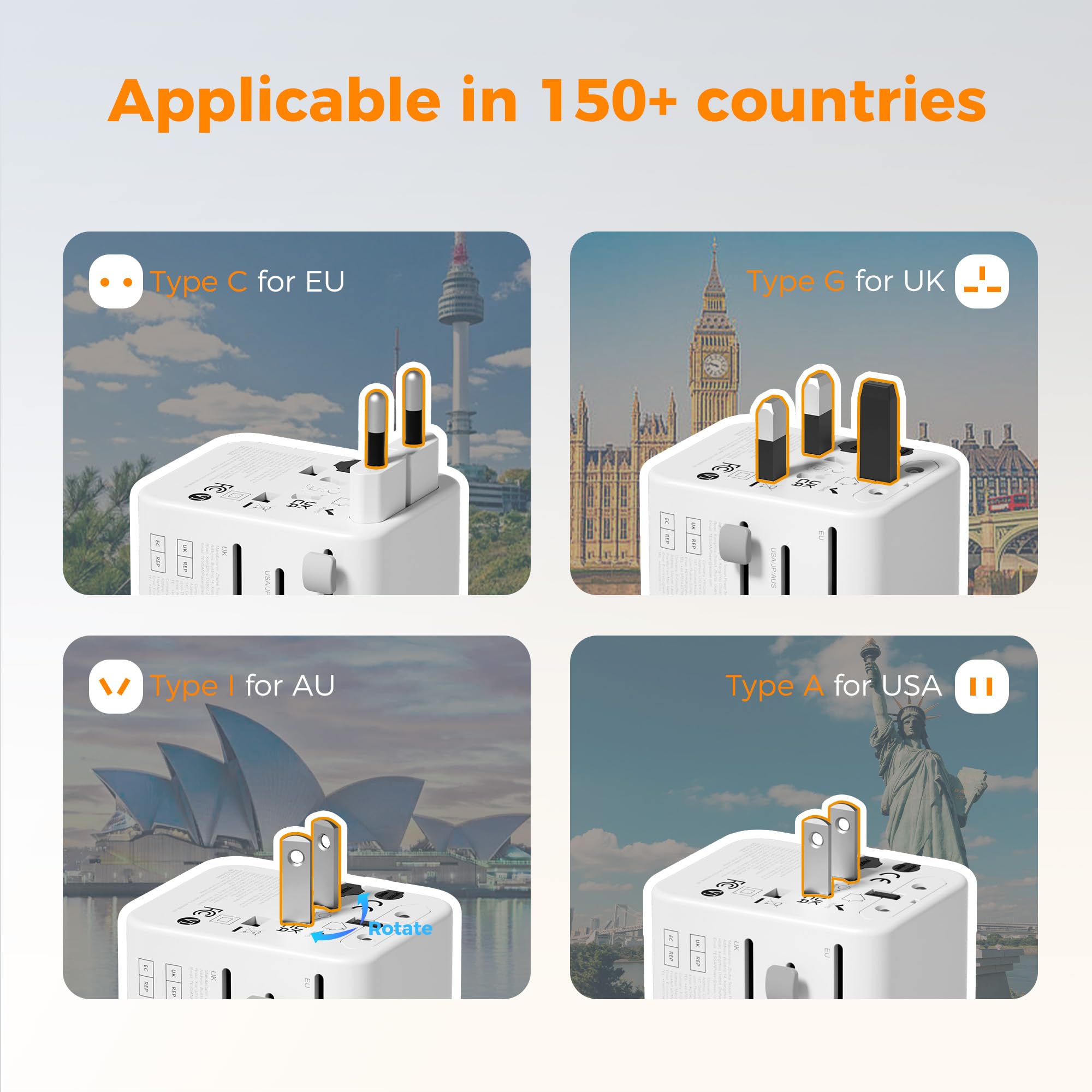 TESSAN Universal Travel Adapter International Power Adapter with 2 USB C 2 USB A Ports Travel Plug Adaptor — view 2