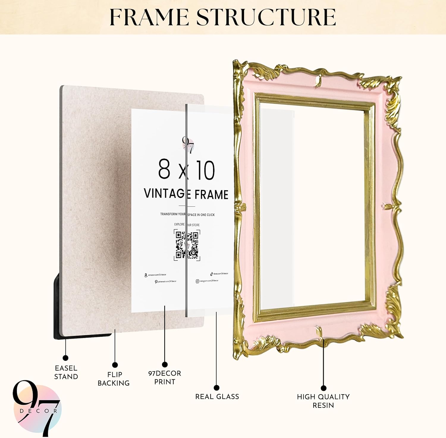 97 Decor Vintage Picture Frame 8x10 - Antique 8x10 Pink Gold Frame For Tabletop And Wall Hanging, Fancy 8 x10 Photo Frame Coquette Wall Decor