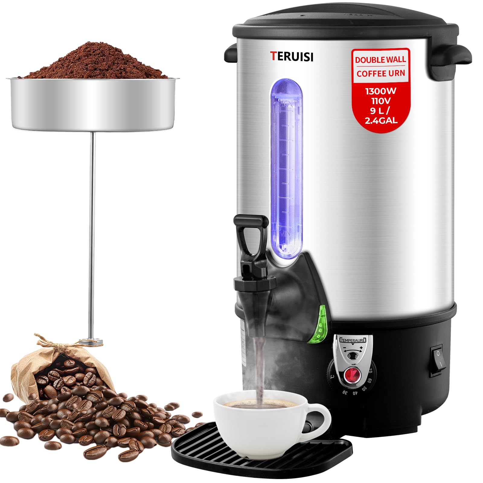 TERUISI 1300W Coffee Urn, 65 Cups/9L Commercial Coffee Maker Hot Water Dispenser with Filter Basket & Adjustable Temperature Stainless Steel 220V