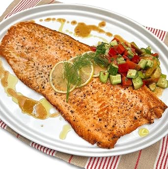 Raised Skinless Atlantic Salmon Fillet, Skinless Atlantic salmon, Mild, slightly sweet flavor that is tender, buttery, and moist with a medium-firm texture, 23g protein per serving 2.5 POUND