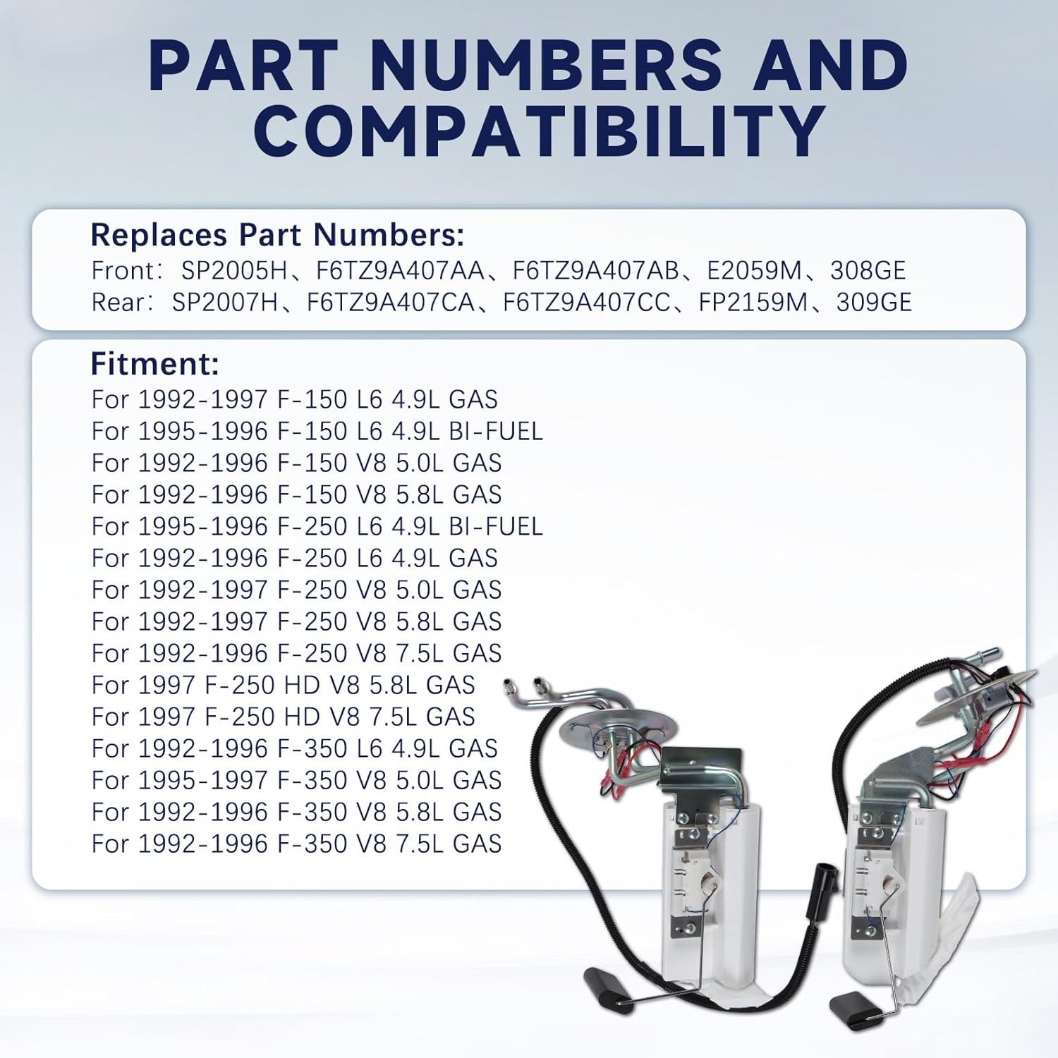 Fuel Pump Hanger Assembly (Front & Rear) Compatible with Ford F-150, F-250, F-350 (1992-1997) - Aftermarket Replacement Part SP2005H, SP2007H
