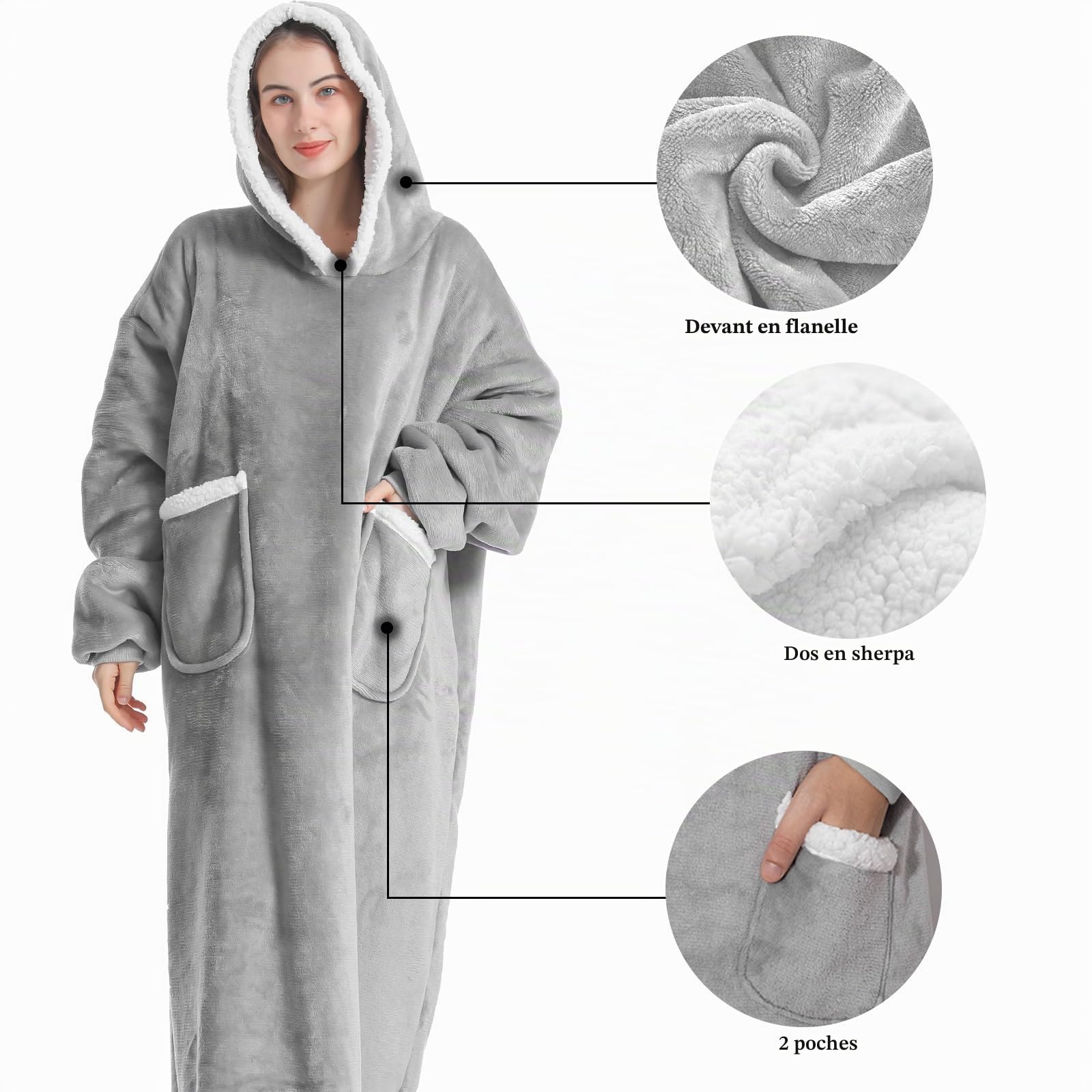 Emwwat Couverture à capuche extra longue surdimensionnée en Sherpa pour homme et femme, couverture à capuche prête-à-porter avec manches et poche géante (gris, 150 cm de long)
