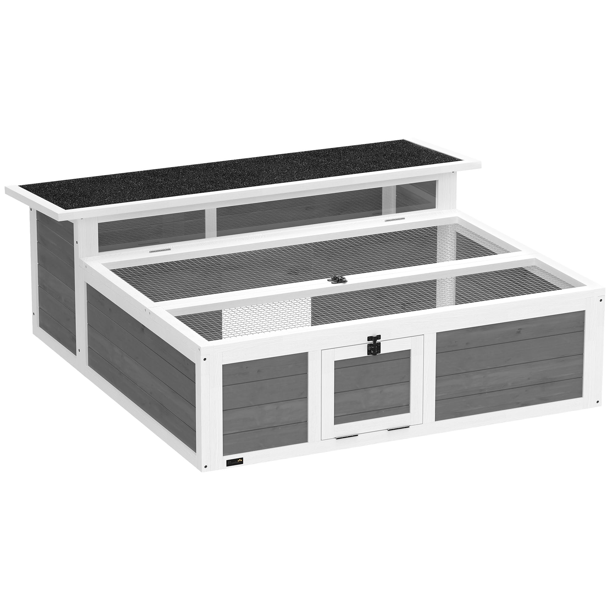 PawHut Maison Tortue Terrestre en Bois XXL 113x106,5x44,5cm - Habitat 2 Zones avec Double Toit Ouvrant Bitumé et Grillagé, Fenêtre - Enclos Tortue Hermann et Parc Lapin, Gris Foncé