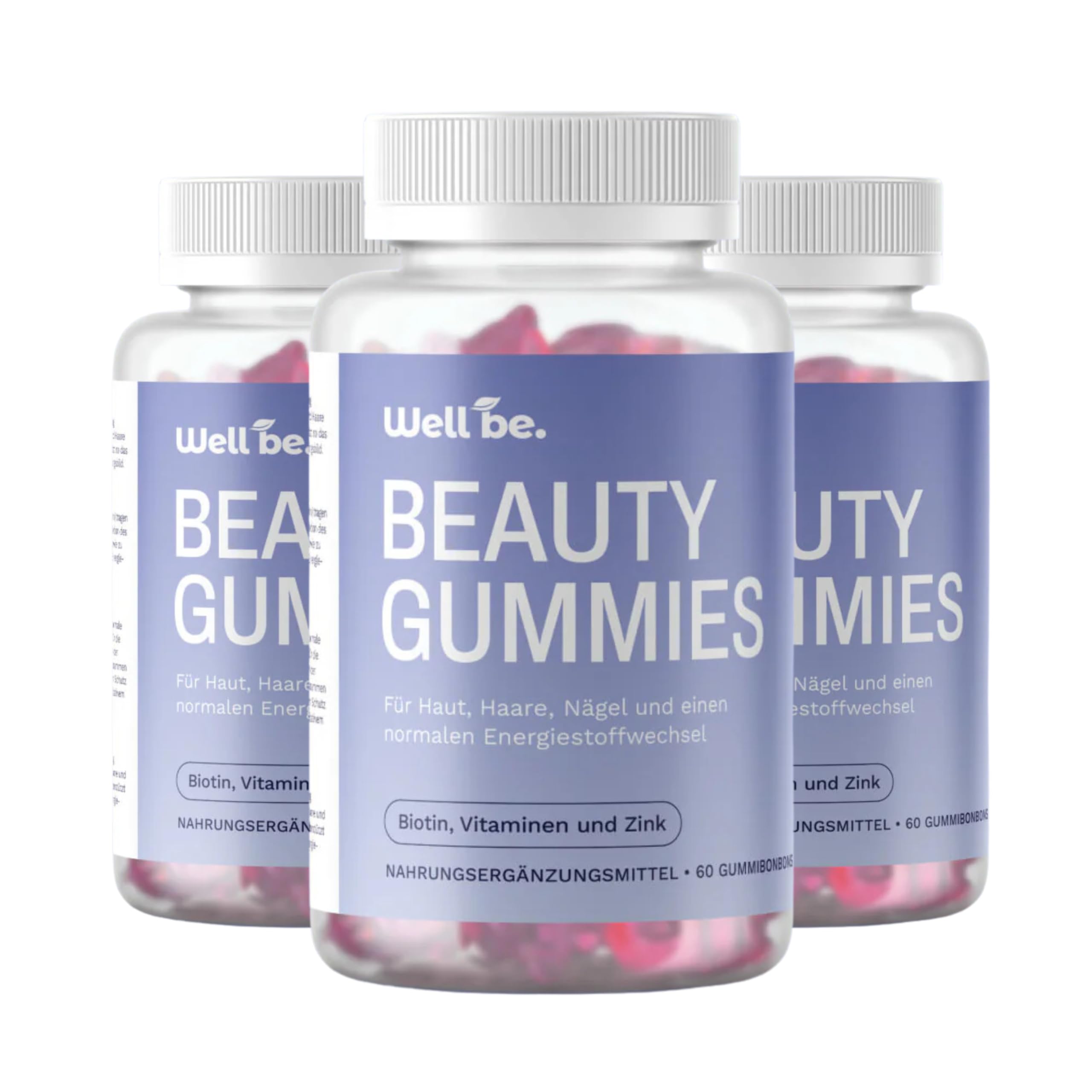 wellbe 3x60 Beauty Gummies – mit Biotin, Vitamin C, Zink & B-Vitaminen – Nahrungsergänzungsmittel für Haut, Haare & Nägel