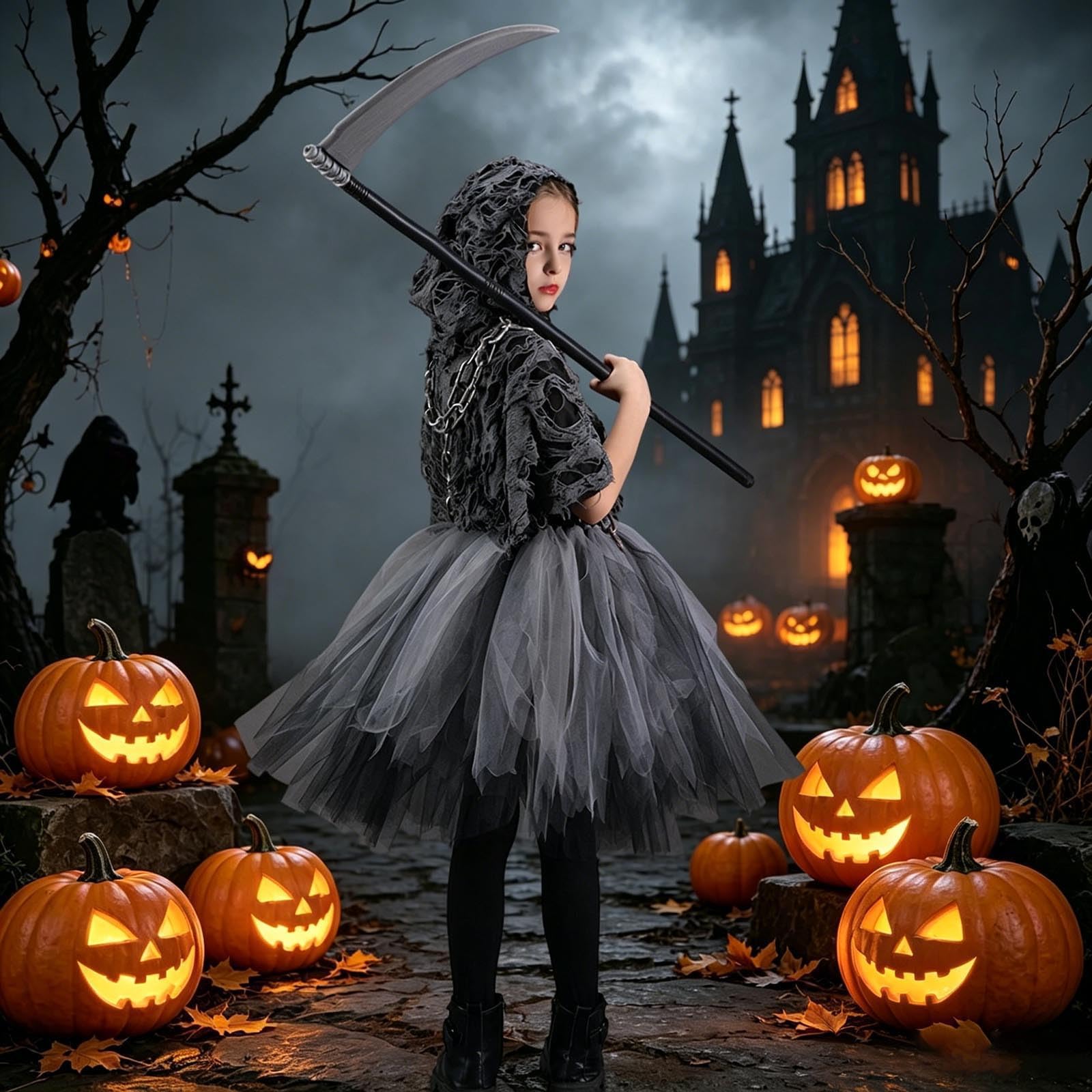 Generico Costume Morte Bambina, Costume Halloween Bambina | Abito Nero con Cappuccio, Catena & Falce Giocattolo, Bordi Strappati, Perfetto per Halloween, Ideale per il Gioco di Ruolo e13
