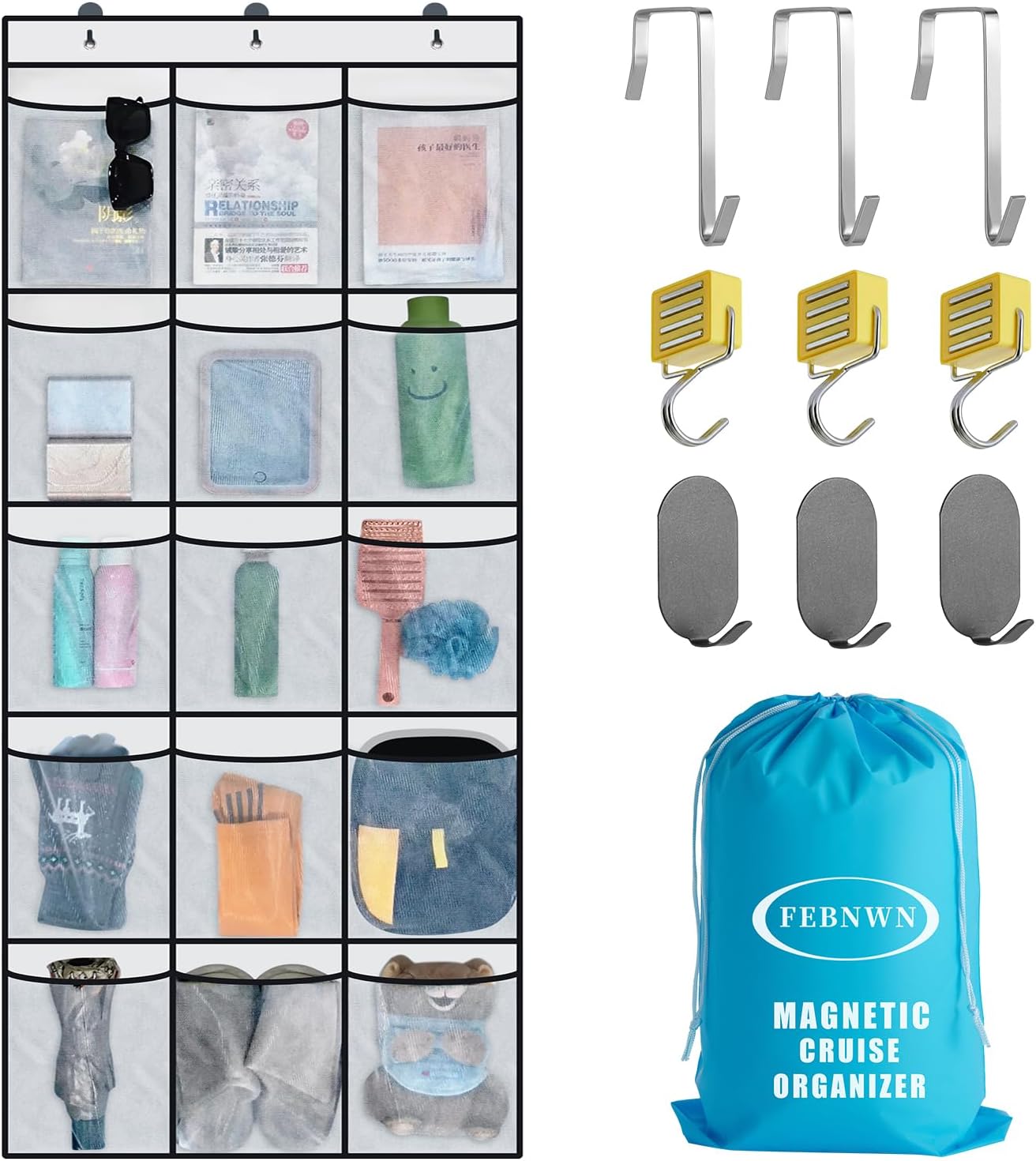 Magnetic Cruise Door Organizer,15 Large Durable Pockets，Upgrade Over The Door Organizer For Cruise Ships,Cruise Essentials 2026，Shoe Rack For Door,3 Strong Anti-Scratch Magnets, 9 Hooks