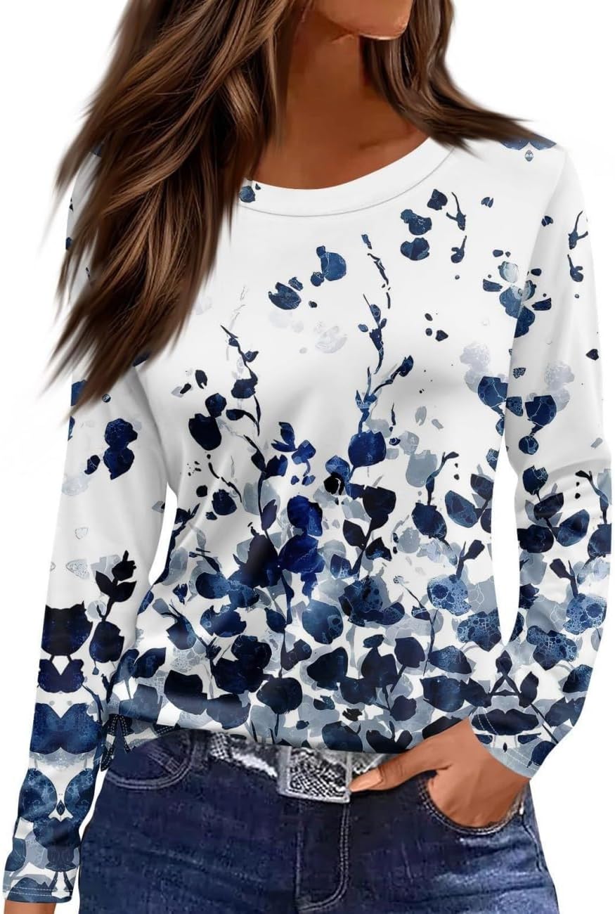 Long Sleeve Shirts for Women Floral Crewneck Workout Cute Blouses Casual Loose Fit Tops Spring Fashion 2026