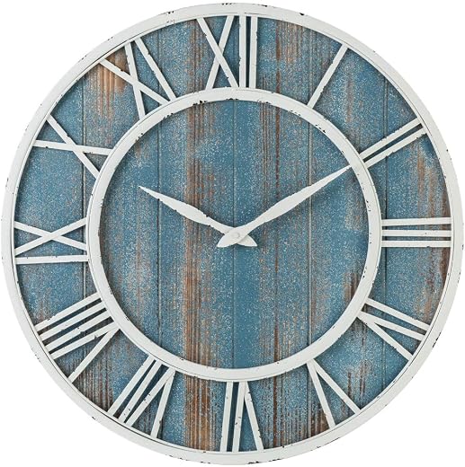 24 Coastal Wall Clock Metal & Solid Wood Noiseless Weathered Beach Blue Wall Clock (Coastal Blue