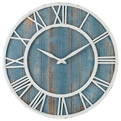 24 " Coastal Wall Clock Metal & Solid Wood Noiseless Weathered Beach Blue Wall Clock (Coastal Blue