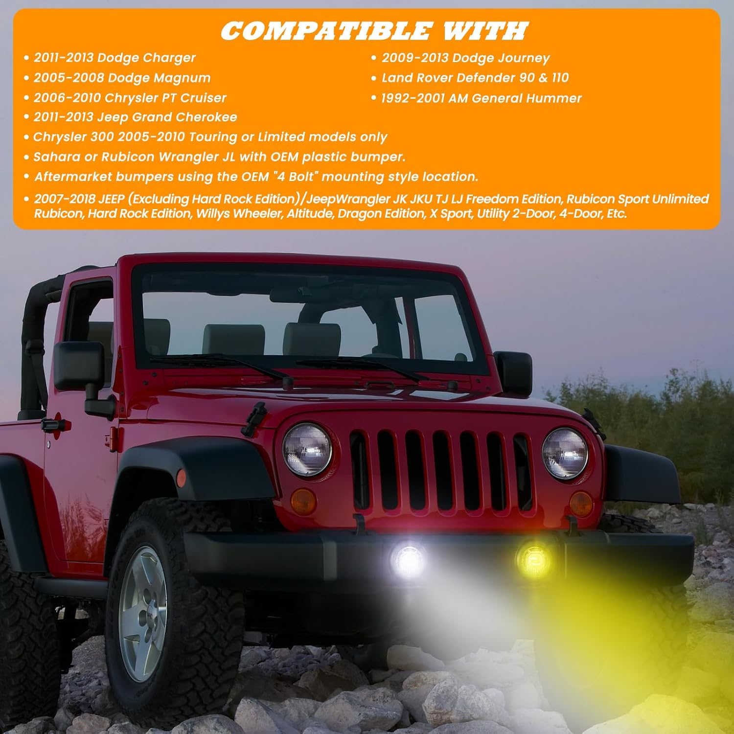 4 Inch Round LED Fog Lights for 2007-2018 Jeep Wrangler JK JKU 2018-2024 Jeep Wrangler JLU Accessories, 60W White Amber Off-Road Lamps Black Front Bumper LED Fog Lights Assembly, DOT Approved