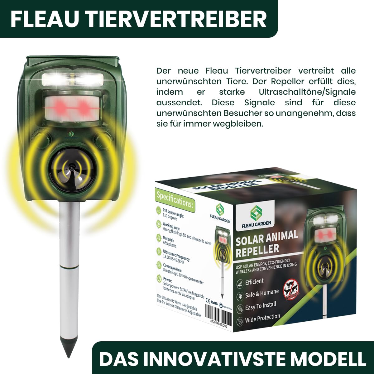 Fleau Ultraschall-Solar-Tiervertreiber – Katzenvertreiber – Katzenschreck – Marderschreck – Vogelschreck – Katzenschreck