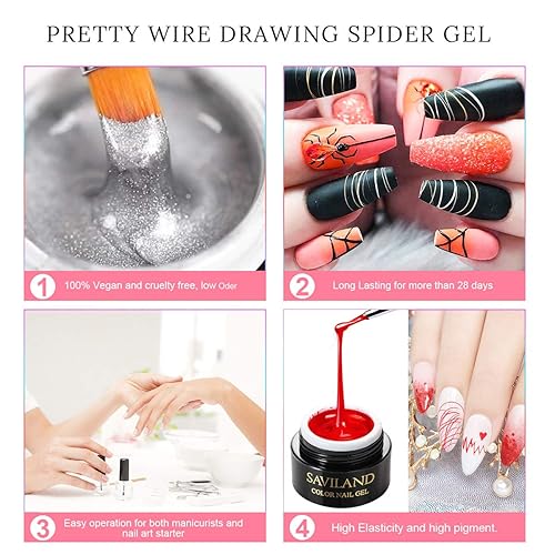 Miniatura 4 de Saviland Kit de removedor de cutículas y gel de araña de 6 colores, diseño de arte de uñas, pintura en gel, esmalte de gel para dibujo de alambre