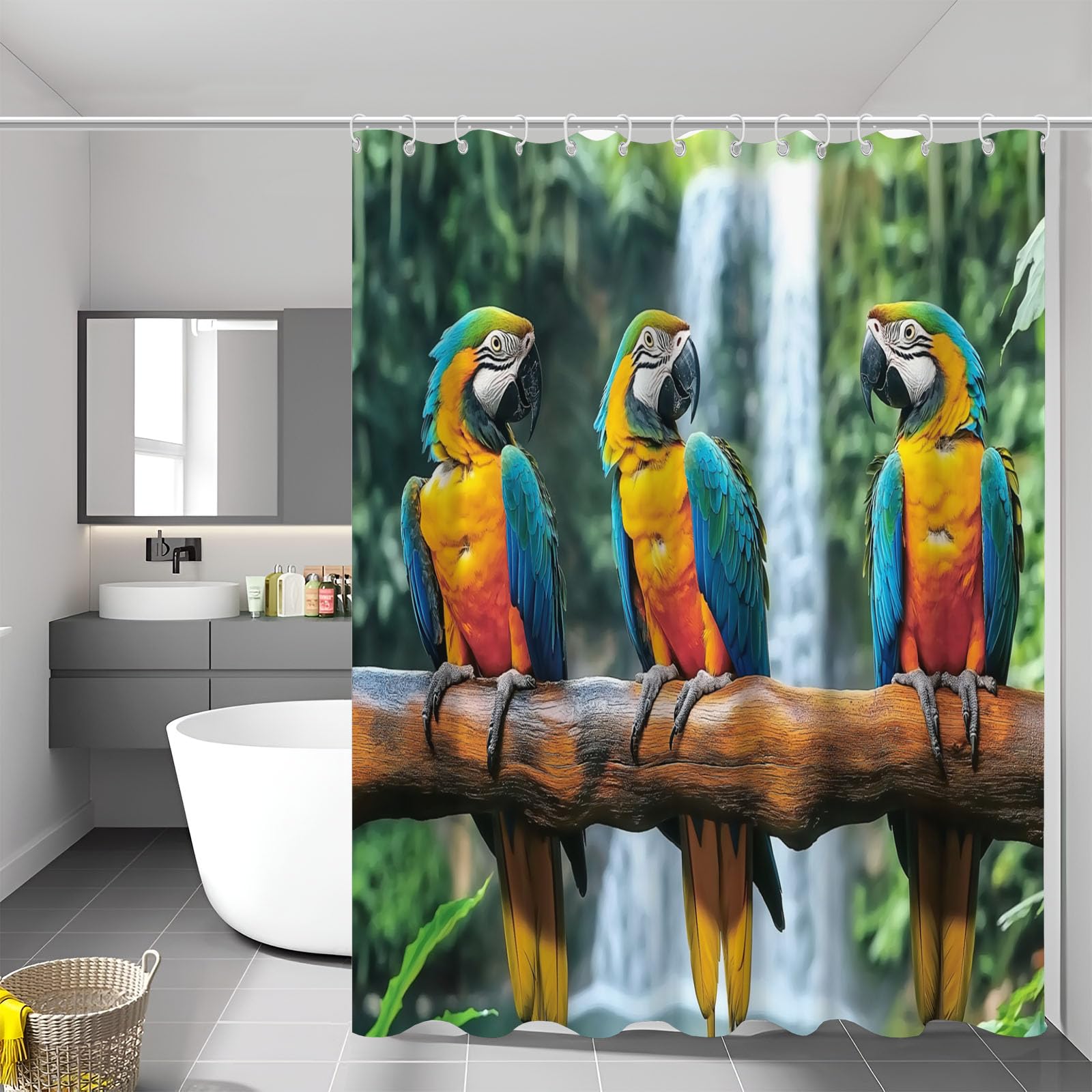 Rideau de douche imperméable et lavable 240x200 en polyester motif perroquet