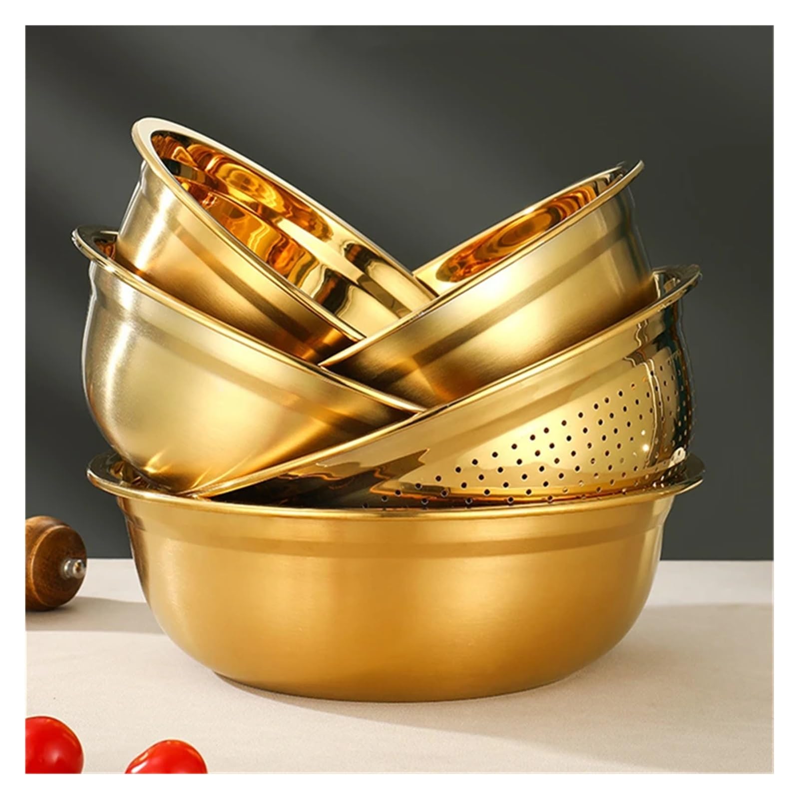 Juego de 2 coladores arroz acero inoxidable dorados, multifuncionales, for mezclar harina y huevos, for sopa frutas cocina(22cm)