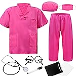 ZZIHAN Kids Doctor Costume Rose Medical Scrubs with Stethoscope, Mask & Cap & Glasses,for Halloween, Career Day & School Play, Pretend Play, Nurse, Dentist & Vet Dress-Up for Boys & Girls 10-12