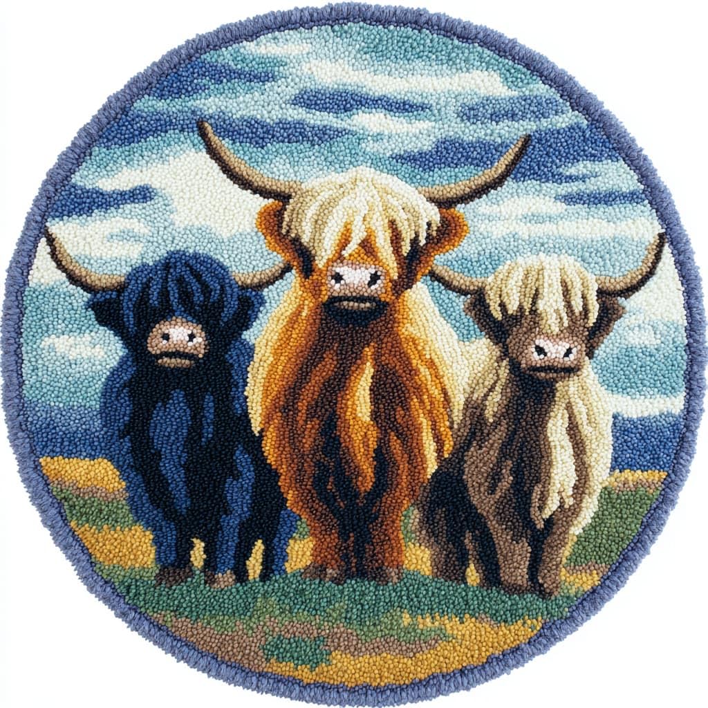 WallustrioaW Round Latch Hook Kits for Adults Highland Cattle DIY Latch Hook Rug Making Kits for Beginners 50X50Cm