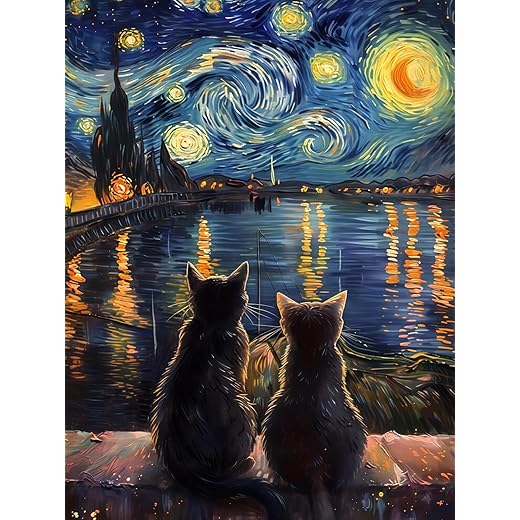 Diamond Painting Kits for Adults, The Starry Night Cats 5D Diamond Art Painting for Beginners, Full Drill Round DIY Gem Painting, Diamond Dot Gem Art Painting Kits for Home Art Decor, 11.8X15.7 inch