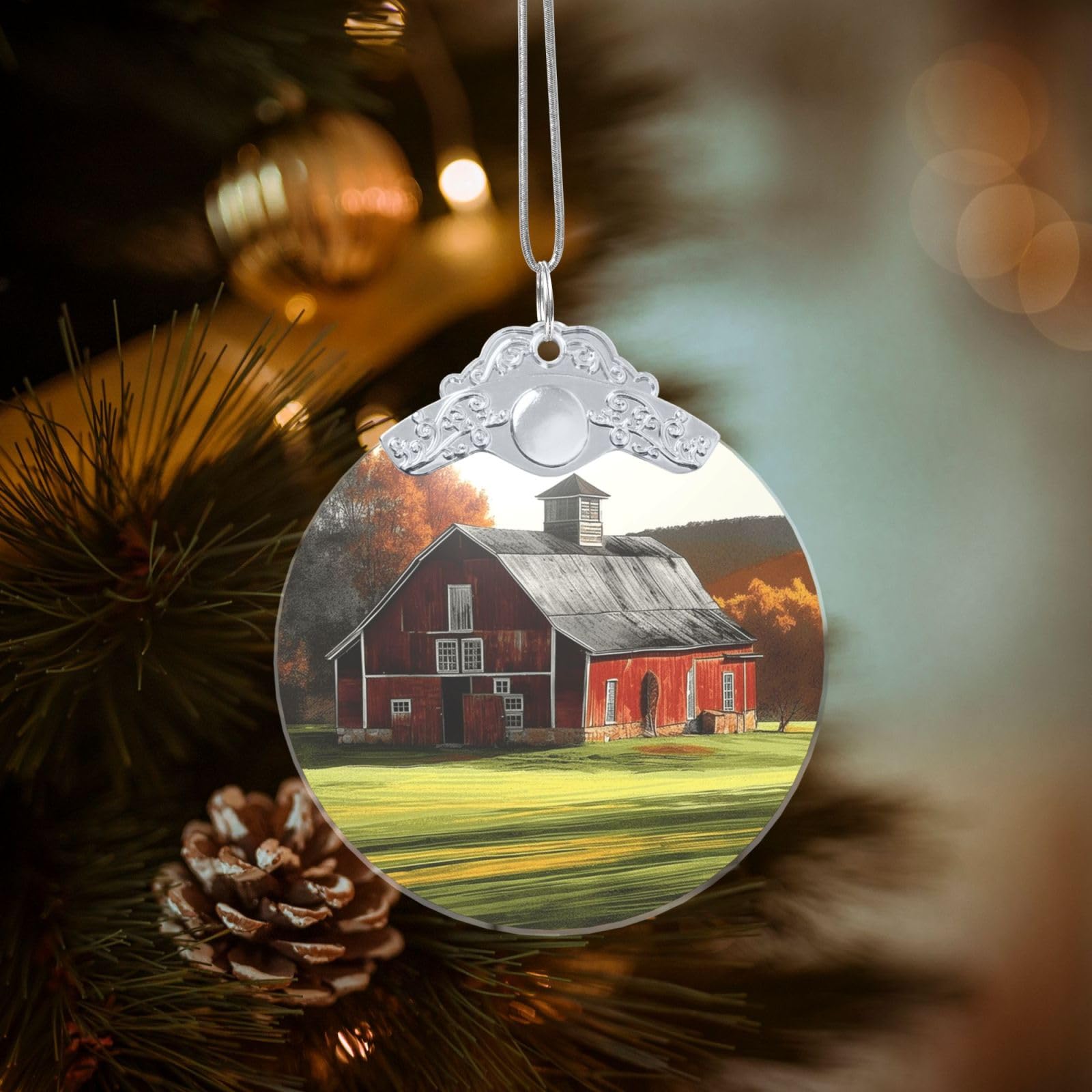 Crystal Christmas Ornaments for Christmas Tree Decoration Hanging Barn Ornament with Gold Ribbon Crafts Round Pendant for Keepsake Gifts Glass Xmas Decor Party Supplies