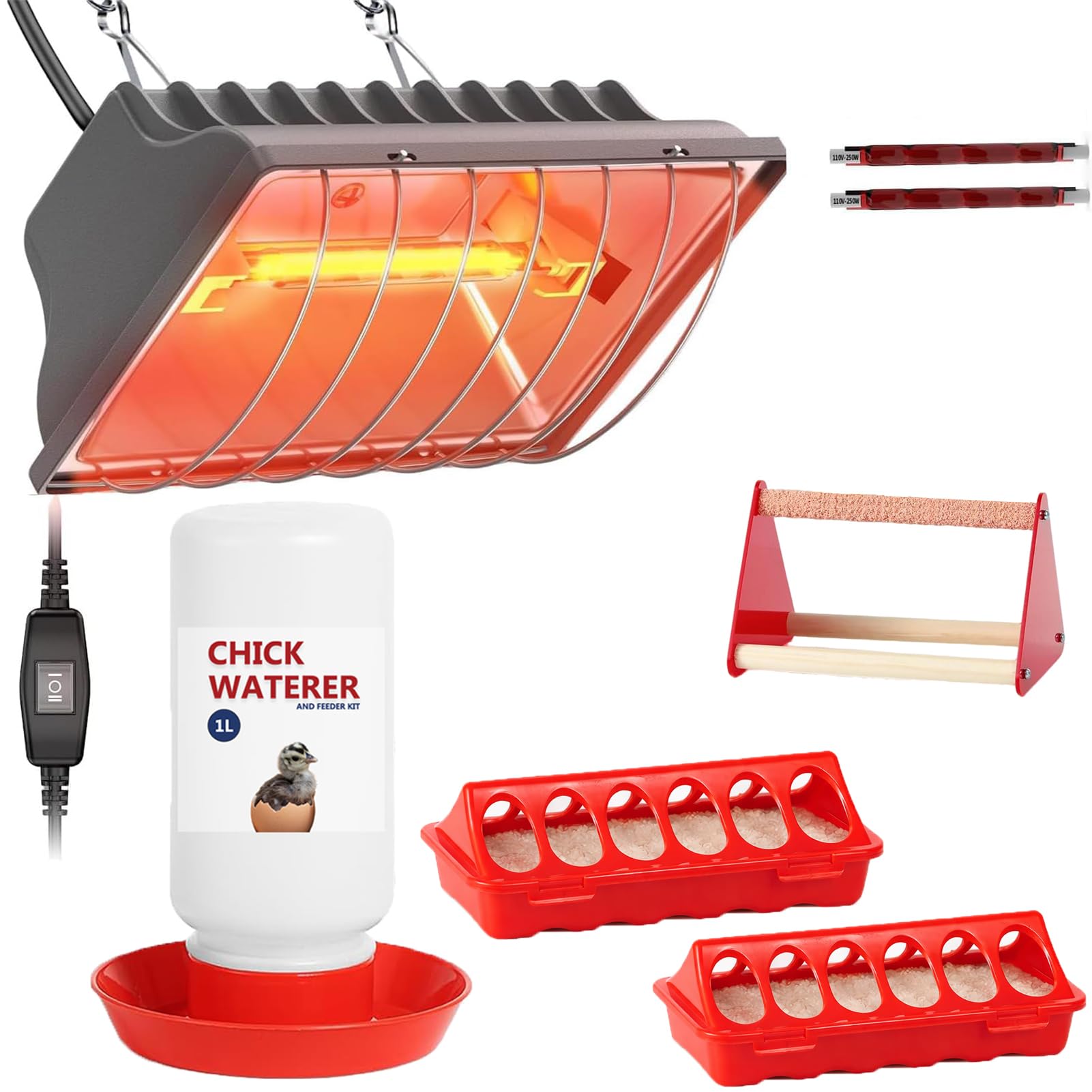 Photo 1 of Weartfun 250W Heat Lamp for Chicks, 5 Pcs Chick Starter Kit with Chick Feeder and Waterer Set, Chick Stand Perch, Adjustable Hanging Height for Poultry Supplies Indoor Warmer (Grey)