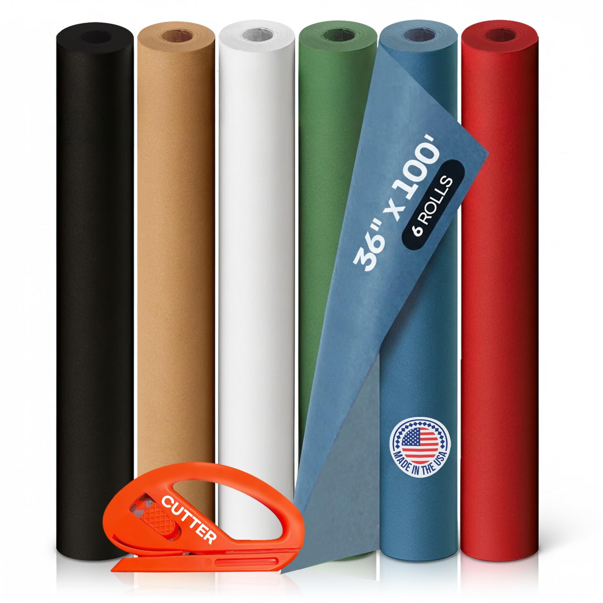 Assorted Colors Kraft Paper with Cutter, Set of 6 Rolls 36" x 1200"(100 ft)