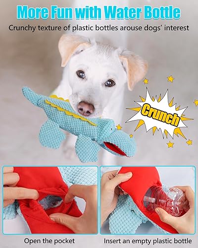 Miniatura 2 de SCHITEC Juguetes chirriantes para perros, juguete arrugado de felpa con botella de agua sin cuerpo de relleno, juguete interactivo masticable para