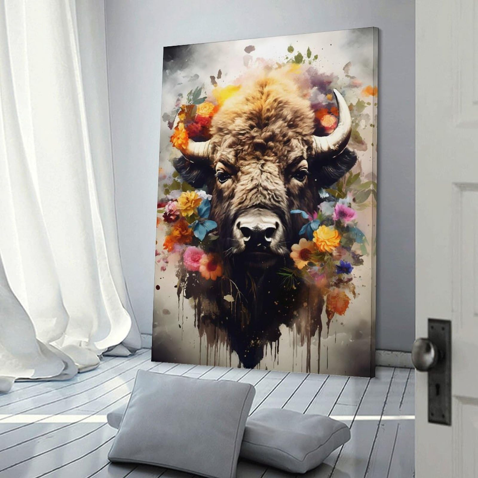 Junmoney Canvas Wall Decor Bison Floral Hues, 20x30inch(50x75cm), for Living Room, Bedroom, Office Or Hallway, Decorative Artwork with Broad Appeal