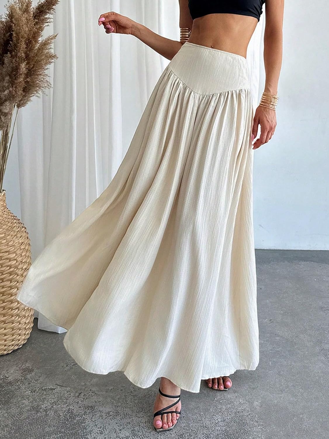 QJQ Women's Fall Boho Flowy Flared Ruffle Maxi Skirt High Waisted Long Flowy Pleated Skirts with Pocket - Image 2