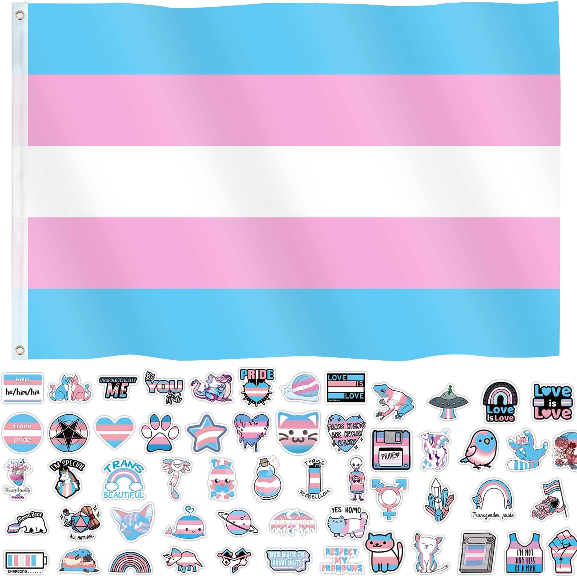 Transgender Pride Flag 3x5 Ft Pride Month Accessories Trans Rainbow Banner Decorations for Parades Party with 60 Stikers