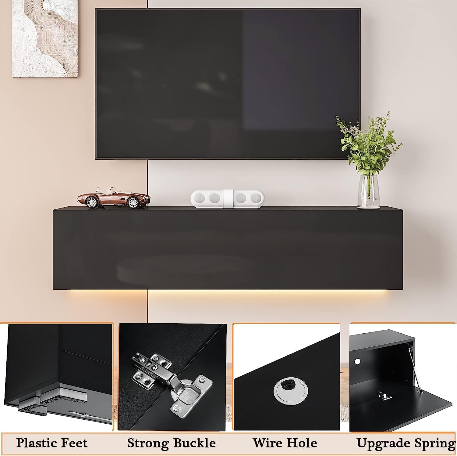 HOMMPA Floating TV Stand with Led Light for 63 Inch TVs Wall Mounted Led Entertainment Center Black with High Gloss Storage Modern Floor Mounted Media Console with Led Light for Living Room