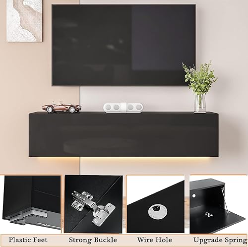 Miniatura 5 de HOMMPA Soporte de TV flotante con luz LED para televisores de 60 pulgadas, centro de entretenimiento LED montado en la pared con almacenamiento de