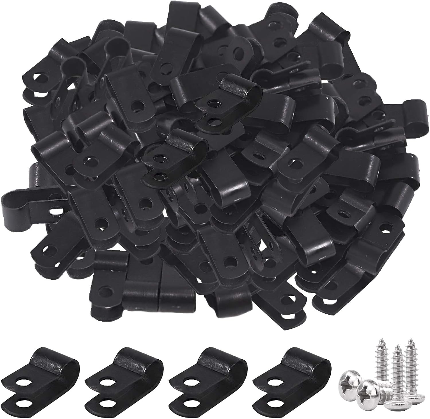Glarks 60Pcs 1/4 Inch Black Nylon Screw Mounting R-Type Cable Clip Wire Clamp with 60Pcs Screws for Wire Cable