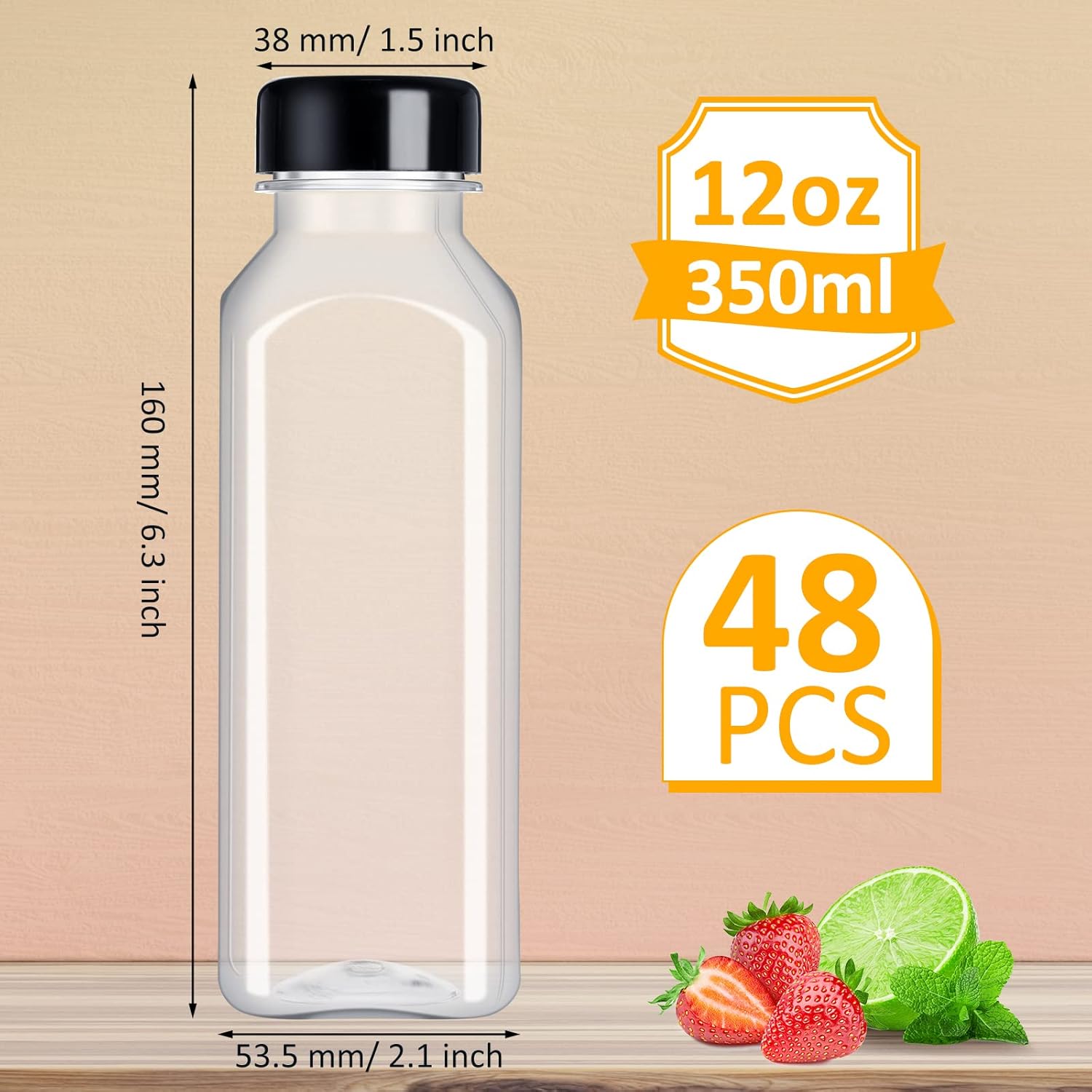48 Pcs Plastic Juice Bottles Bulk with Caps, Small Reusable Clear Bottles for Juicing, Smoothies, Tea, Milk, Coffee (Black, 12 oz)