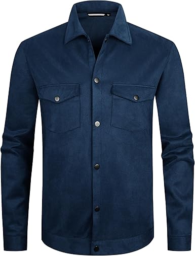 Alex Vando Mens Suede Shirt Jackets Long Sleeve Two Pockets Snap Casual Button Down Shirts
