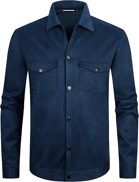 Alex Vando Mens Suede Shirt Jackets Long Sleeve Two Pockets Snap Casual Button Down Shirts