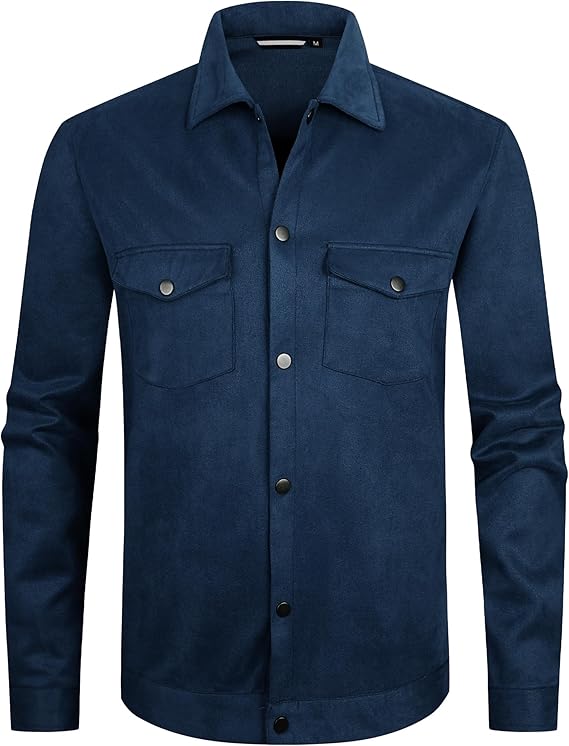 Alex Vando Mens Suede Shirt Jackets Long Sleeve Two Pockets Snap Casual Button Down Shirts