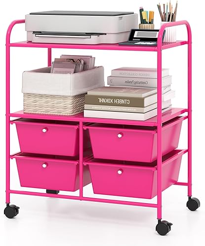 Miniatura 37 de RELAX4LIFE Carrito de almacenamiento rodante con 4 cajones, carrito utilitario con ruedas con 2 estantes y marco de metal, organizador de archivos