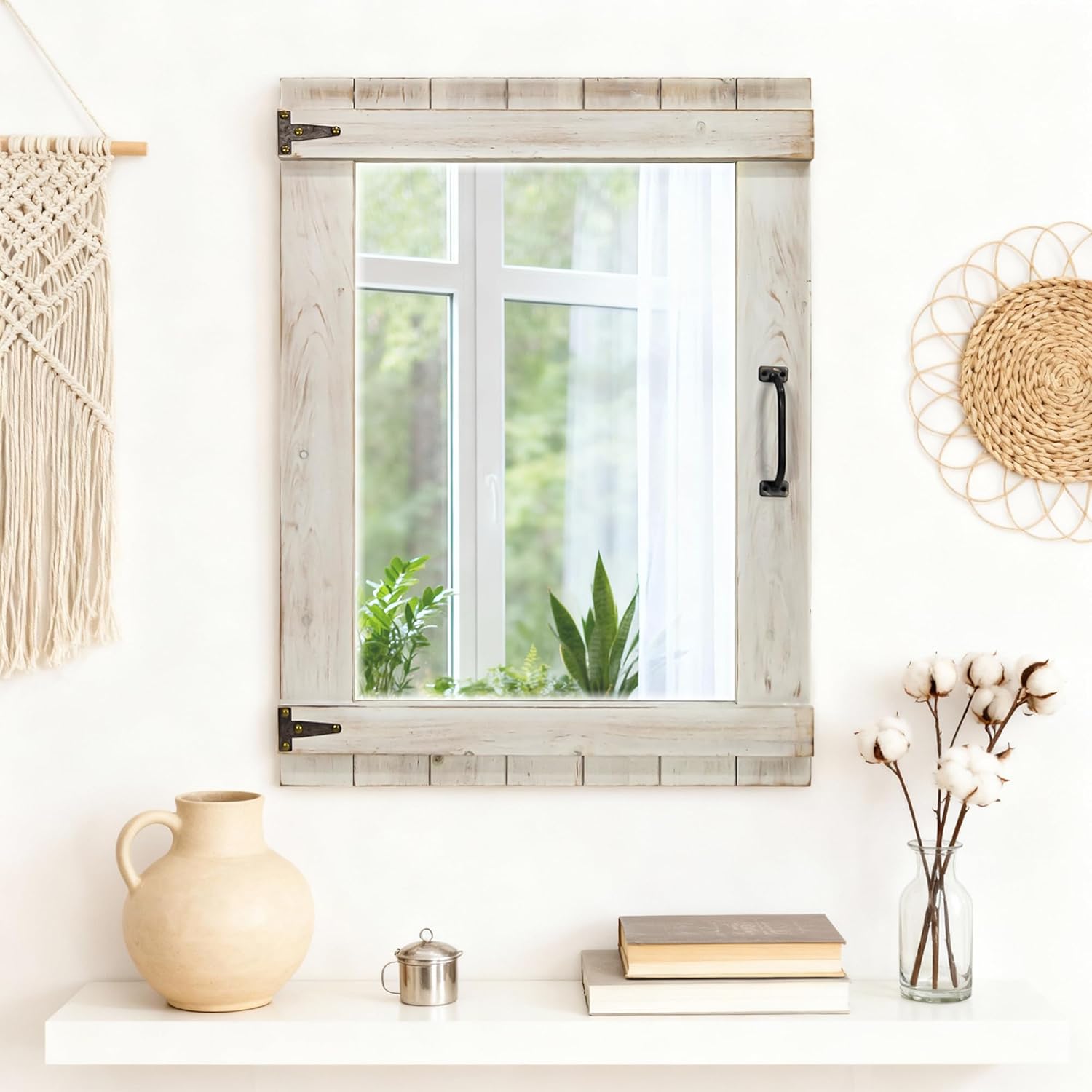 Oakrain Farmhouse Mirror, 24x32 Inch Distressed White Wood Frame with Black Metal Hinges, Rustic Wall Mirror for Bathroom, Living Room, Entryway, Bedroom