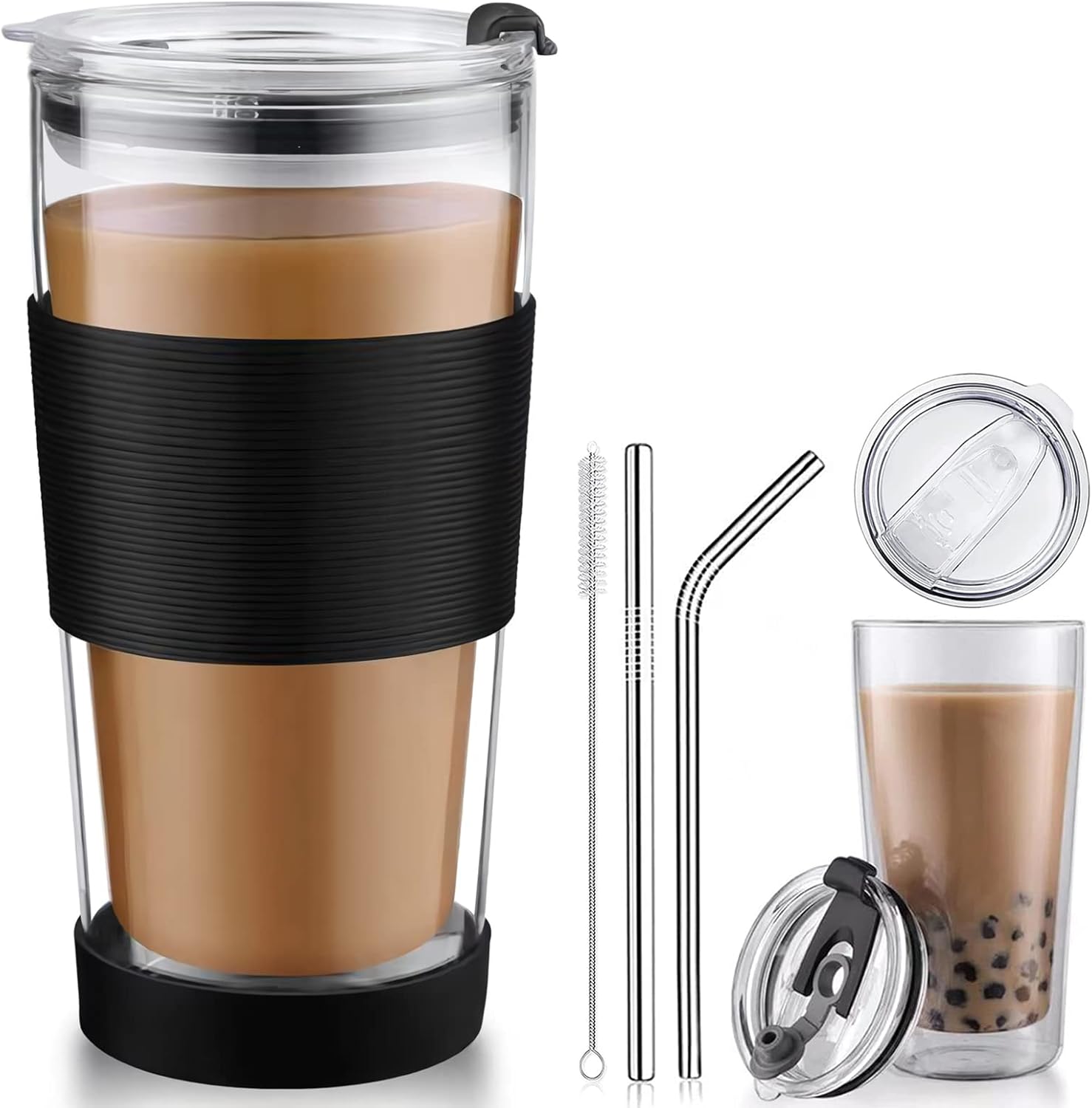 18 oz Double Wall Glass Tumbler with Straw and Leakproof