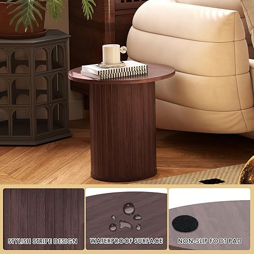 Miniatura 6 de Mesa auxiliar redonda de madera acanalada, juegos de mesa auxiliar circular de 15.7 pulgadas para sala de estar, dormitorio, balcón, espacios