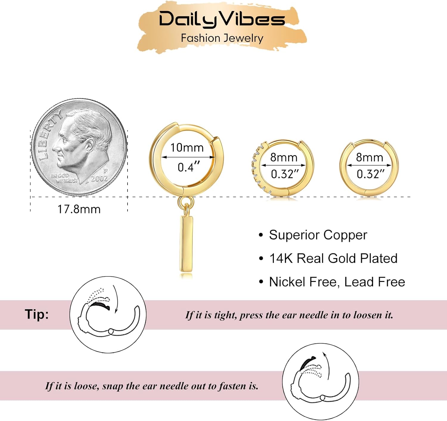 DAILY VIBES Small Gold Hoops Huggie Earrings for Women 14K Real Gold Plated Dainty Cubic Zirconia Mini Bead Cartilage Earring Hypoallergenic Hoop Earrings Set for Women - Image 3