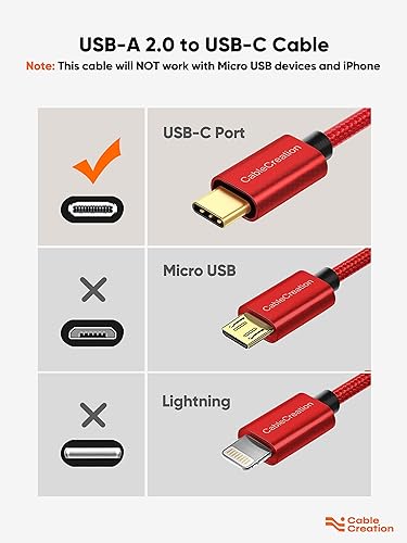 Miniatura 2 de CableCreation Cable corto USB a USB C de 2 pies, cable rojo USB A a USB C, cable de carga rápida trenzado USB C macho a USB macho para banco de