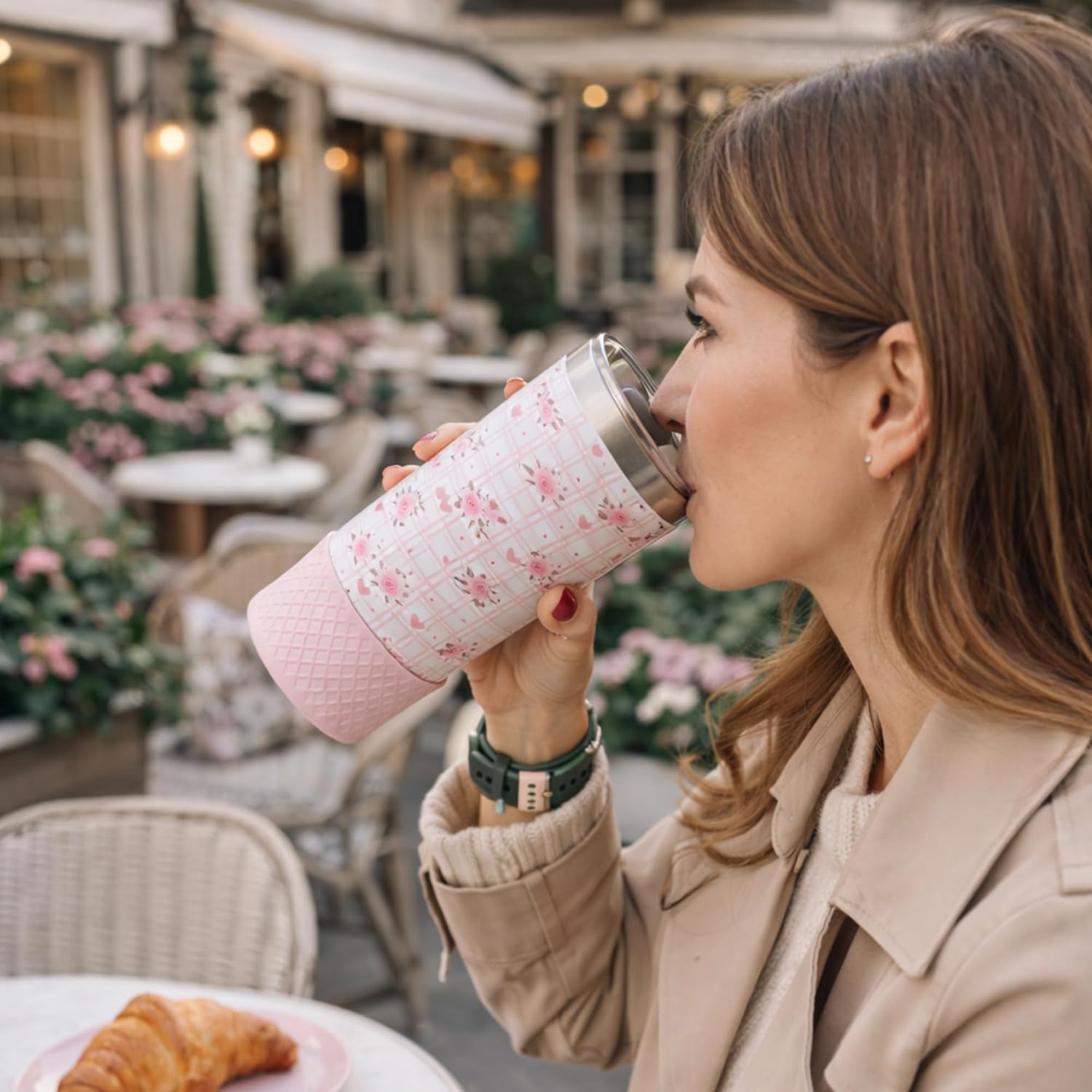 Biddlebee 20oz Tumbler Gift Set with Leakproof Coffee Lid, Straw Lid, and Protective Silicone Boot – Insulated Stainless Steel Travel Mug for Women, Pink Roses Plaid - Image 6