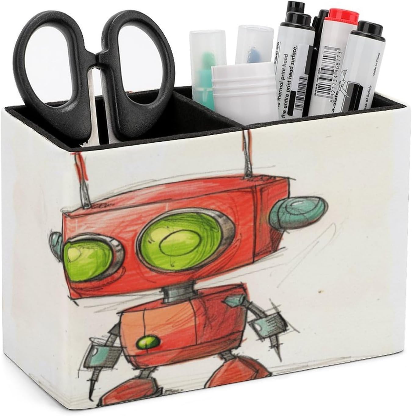 PU Leather Pen Holder with 2 Slots Funny Red Robot Desk Organizer