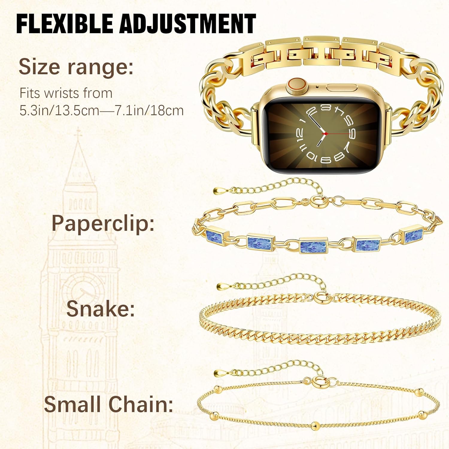 VIQIV Gold Watch Band and 3PCS Bracelets Stack Set for Women Compatible with Apple Watch 44/45/46/49/38/40/41/42mm Slim Stainless Steel Metal Straps for iWatch Series 11 10 9 8 7 6 5 4 3 SE Ultra 3 2