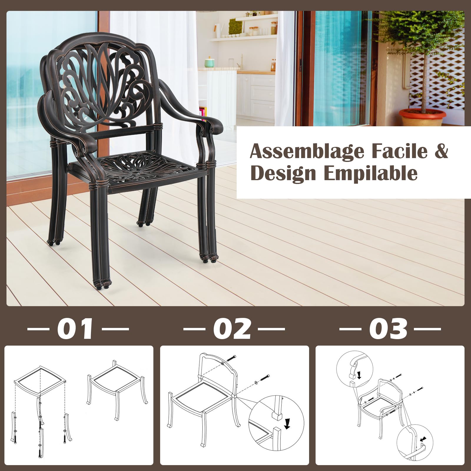 GOPLUS - Juego de 2 sillas de jardín al aire libre de aluminio, 66 x 62 x 93 cm, sillón de jardín de metal apilables con apoyabrazos, patines de pie ajustables, apto para terraza, patio, balcón y