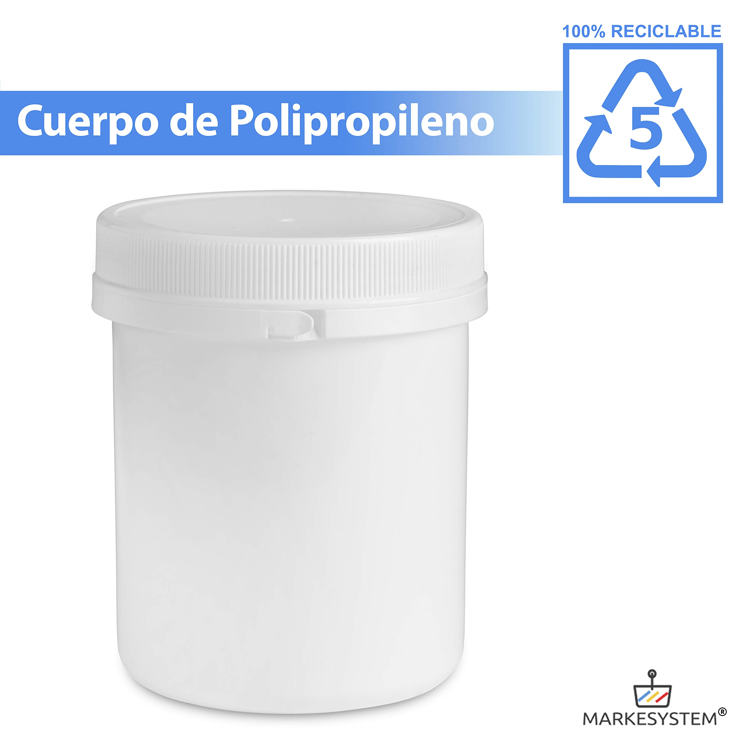 Tarro blanco 500 ml (20 Tarros) con disco y precinto de seguridad - Contenedor de plástico con tapa de rosca - Envase uso Alimentario, Cosmético e Industrial + Kit etiquetado