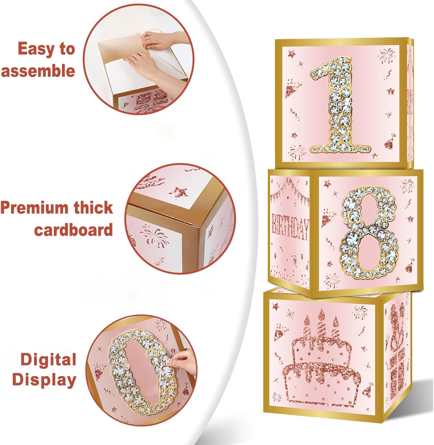 DataMoon Birthday Decorations Boxes with 0-9 Numbers for Girls or Women - 3PCS Pink Rose Gold Happy Birthday Balloons Boxes,Bday Theme Cardboard Decor - Image 6