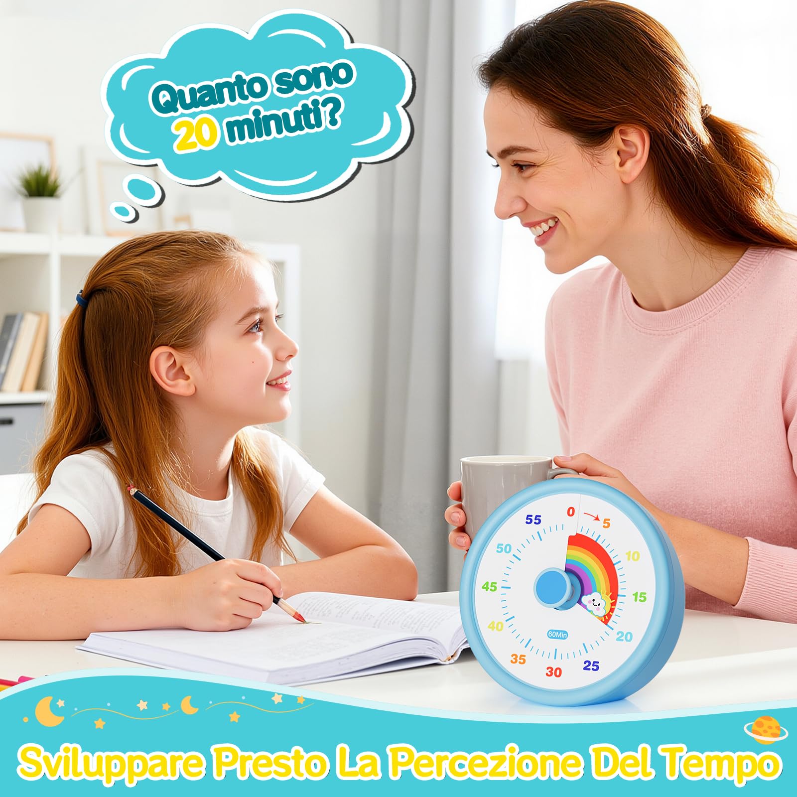 Timer Visivo per Bambini 60 Minuti - Orologio Conto alla Rovescia Silenzioso con Arcobaleno - Gestione Tempo per ADHD, Studio e Scuola (Blu)