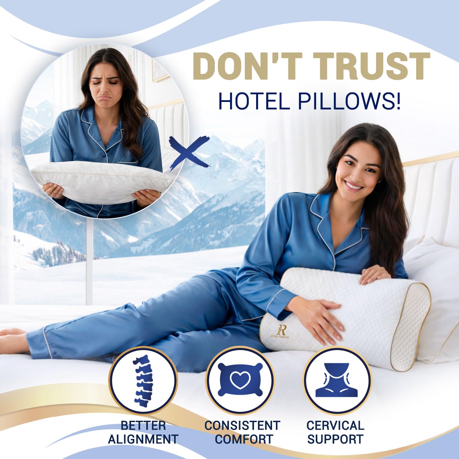 Royal Therapy Almohada de espuma viscoelástica de viaje, almohada de cuello de bambú ajustable para dormir de lado (viaje 18 x 12 x 5)