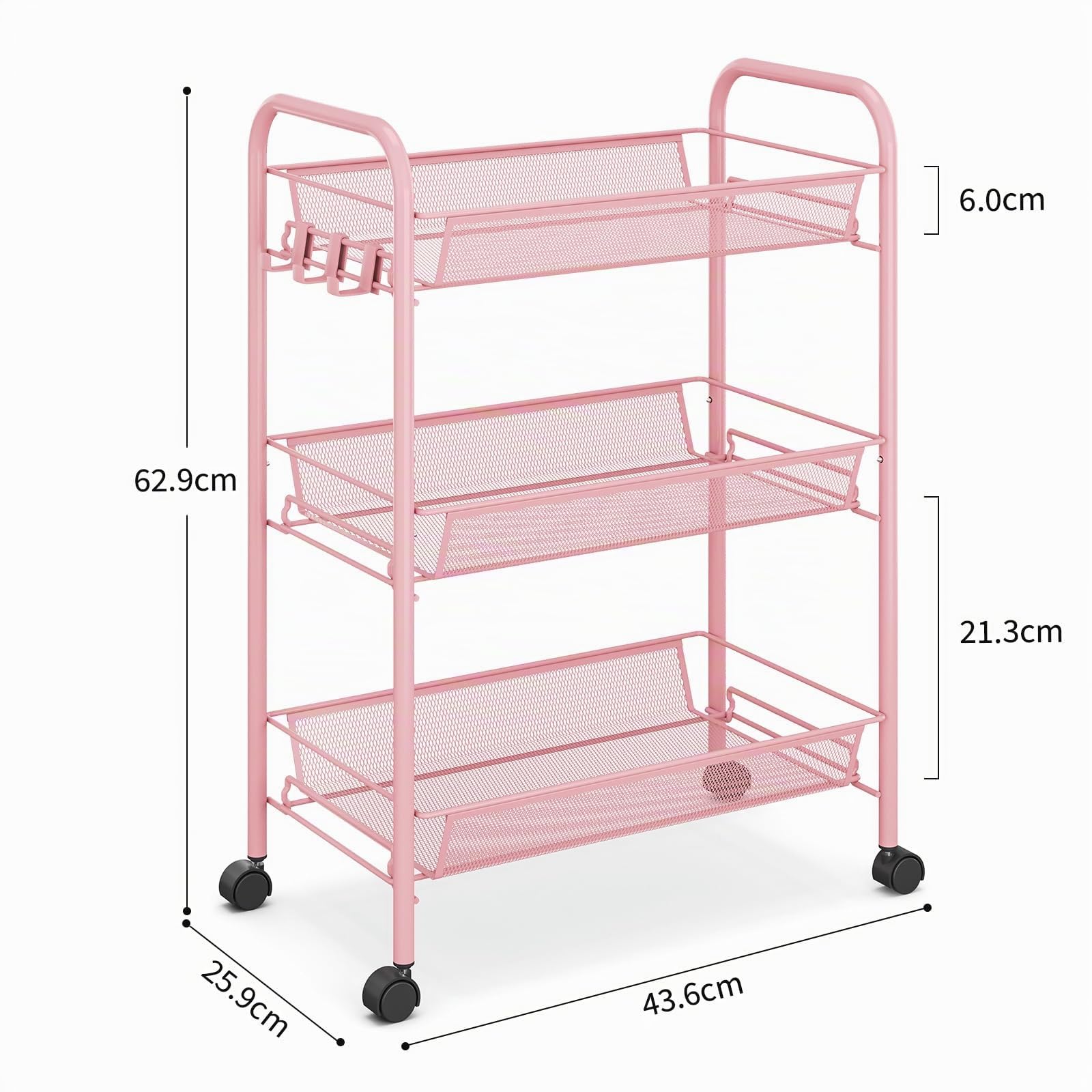 Urackify Chariot de Cuisine a 3 Niveaux pour Salle de Bain, Cuisine et buanderie. Métal résistant à la Rouille, Panier en Maille Respirante et Crochets latéraux Inclus. Facile à Installe, Rose
